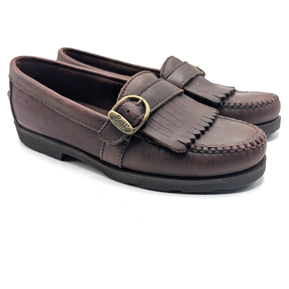 GH Bass Womens 7 Brown Leather Kiltie Buckle Loafers Shoes Vintage Preppy